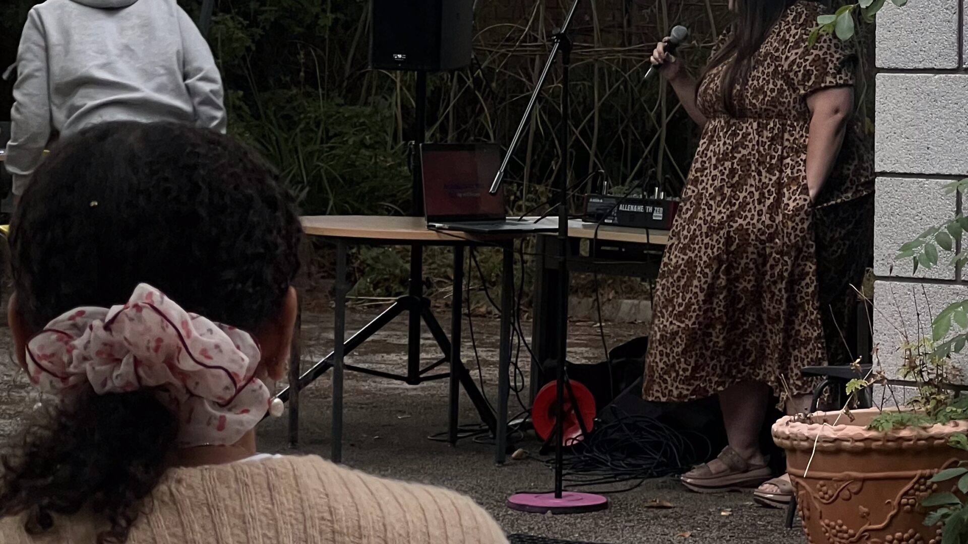 People by a gazeebo, one is singing, with bunting across a garden